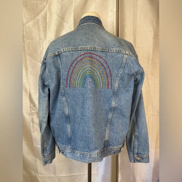 Old Navy Blue Jean Jacket with Colorful Embroidery - Picture 5 of 9